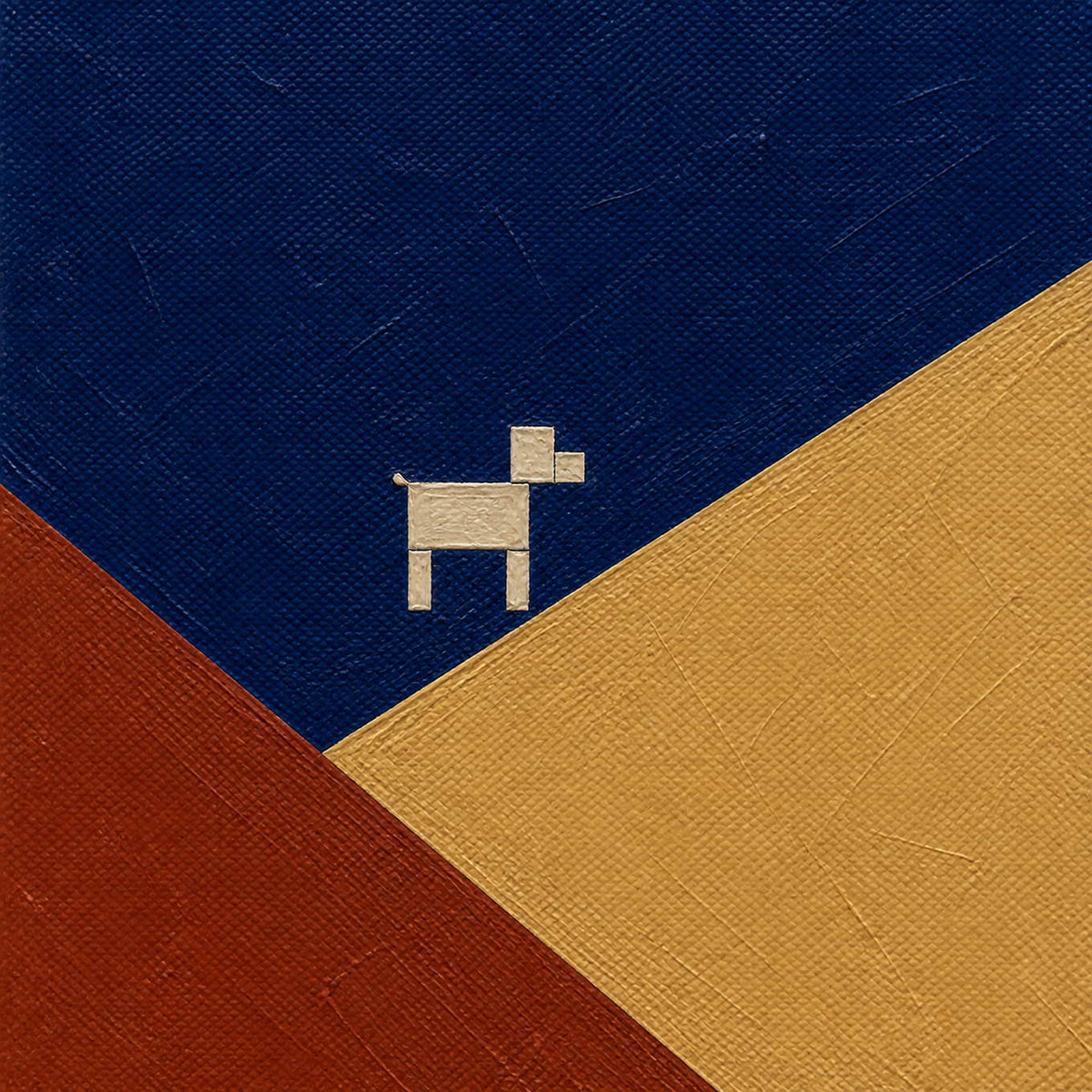 Close canvas detail of a white dog beside geometric shorelines