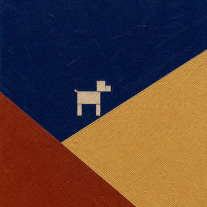 Close canvas detail of a white dog beside geometric shorelines