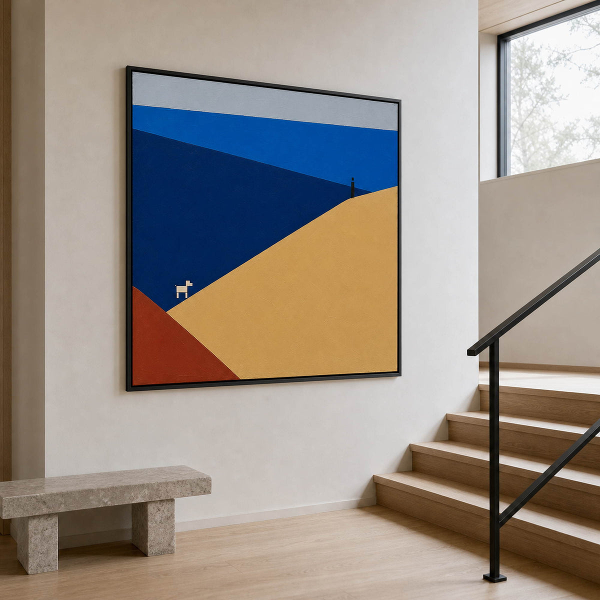 Square coastal artwork on a Helsinki gallery stair landing