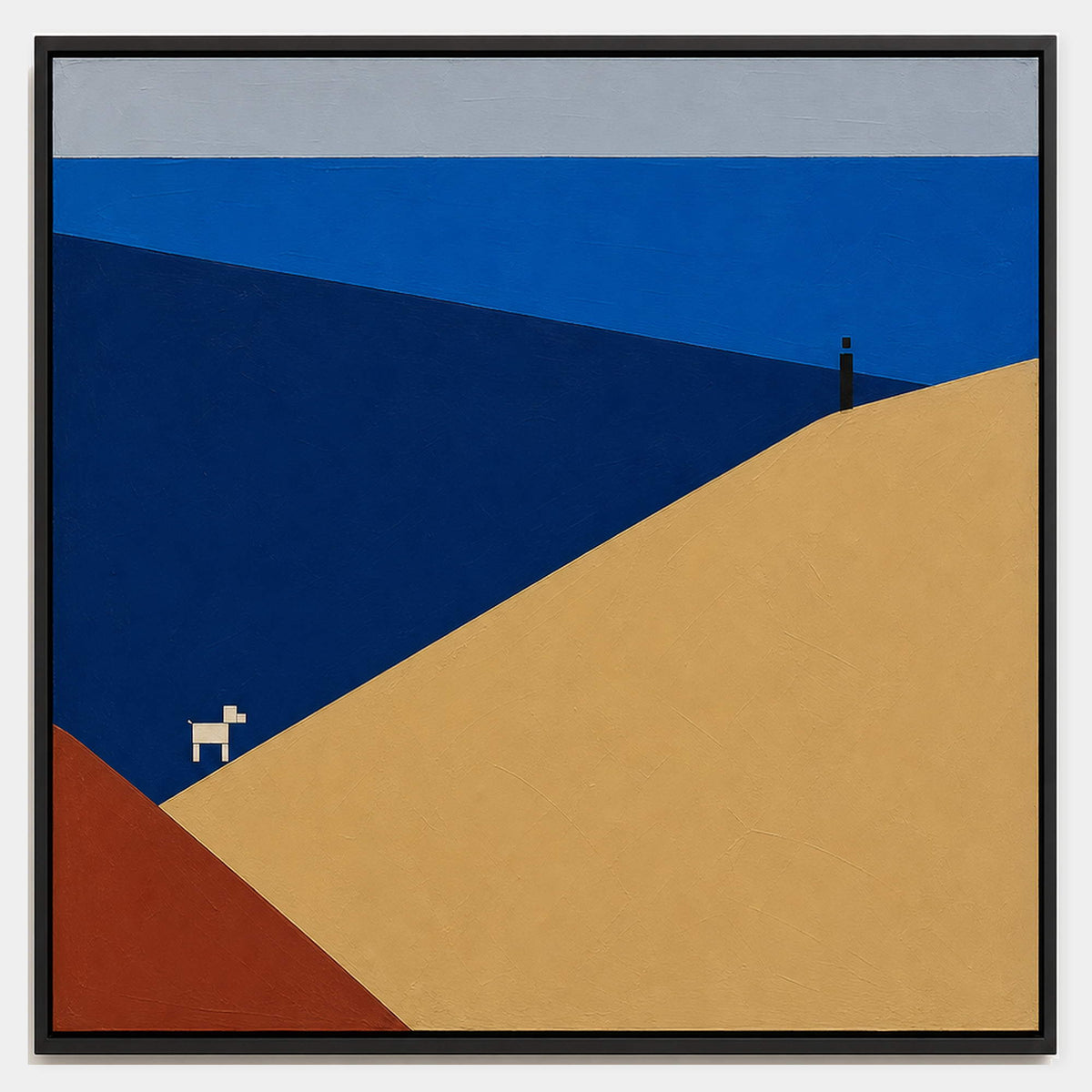 Geometric coastal artwork with a lone walker and small white dog