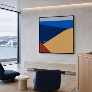 Blue coastal wall art in an Oslo fjord hotel lobby