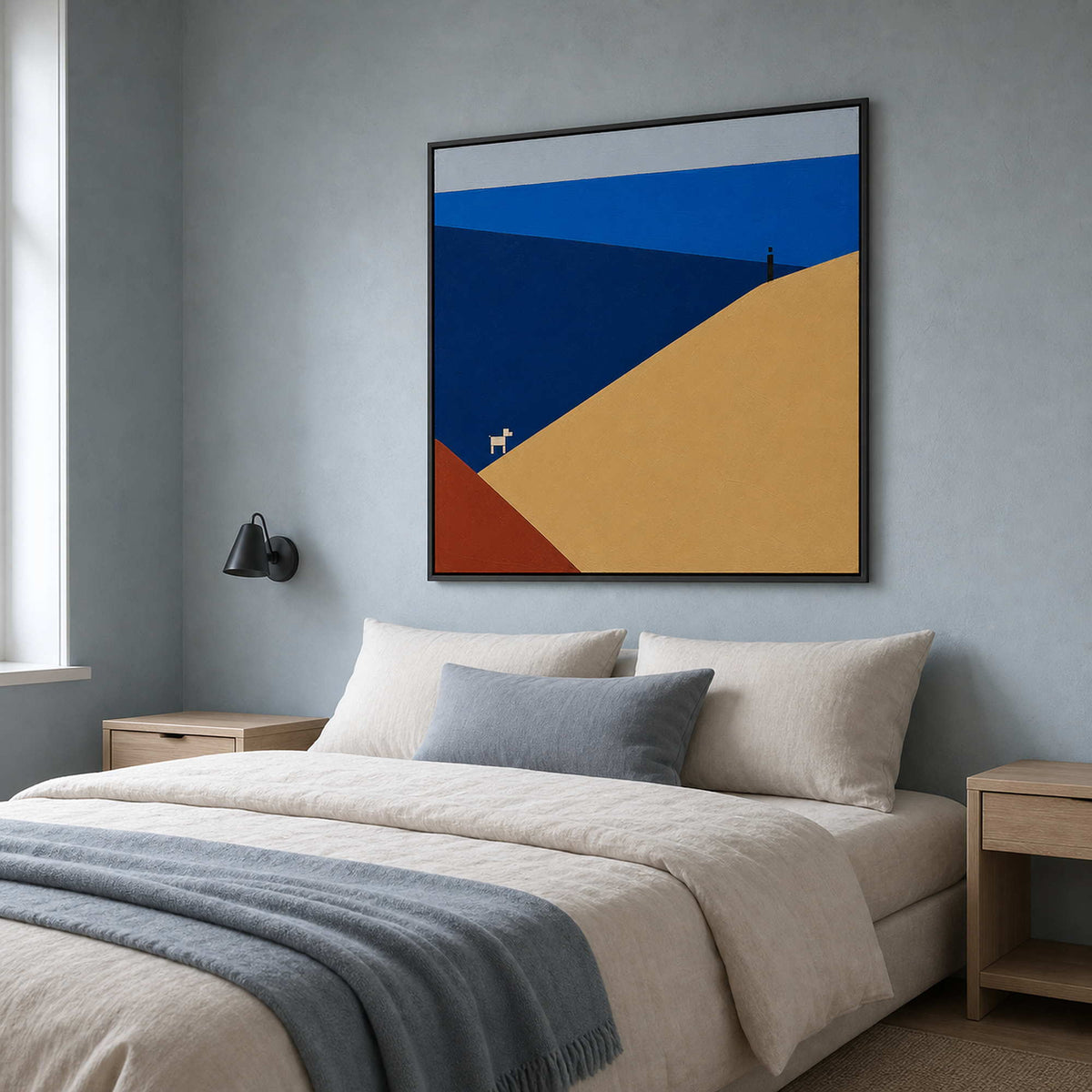 Minimalist beach artwork above a quiet Stockholm guest bed
