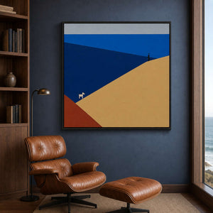 Minimalist seaside artwork in a private waterfront reading lounge