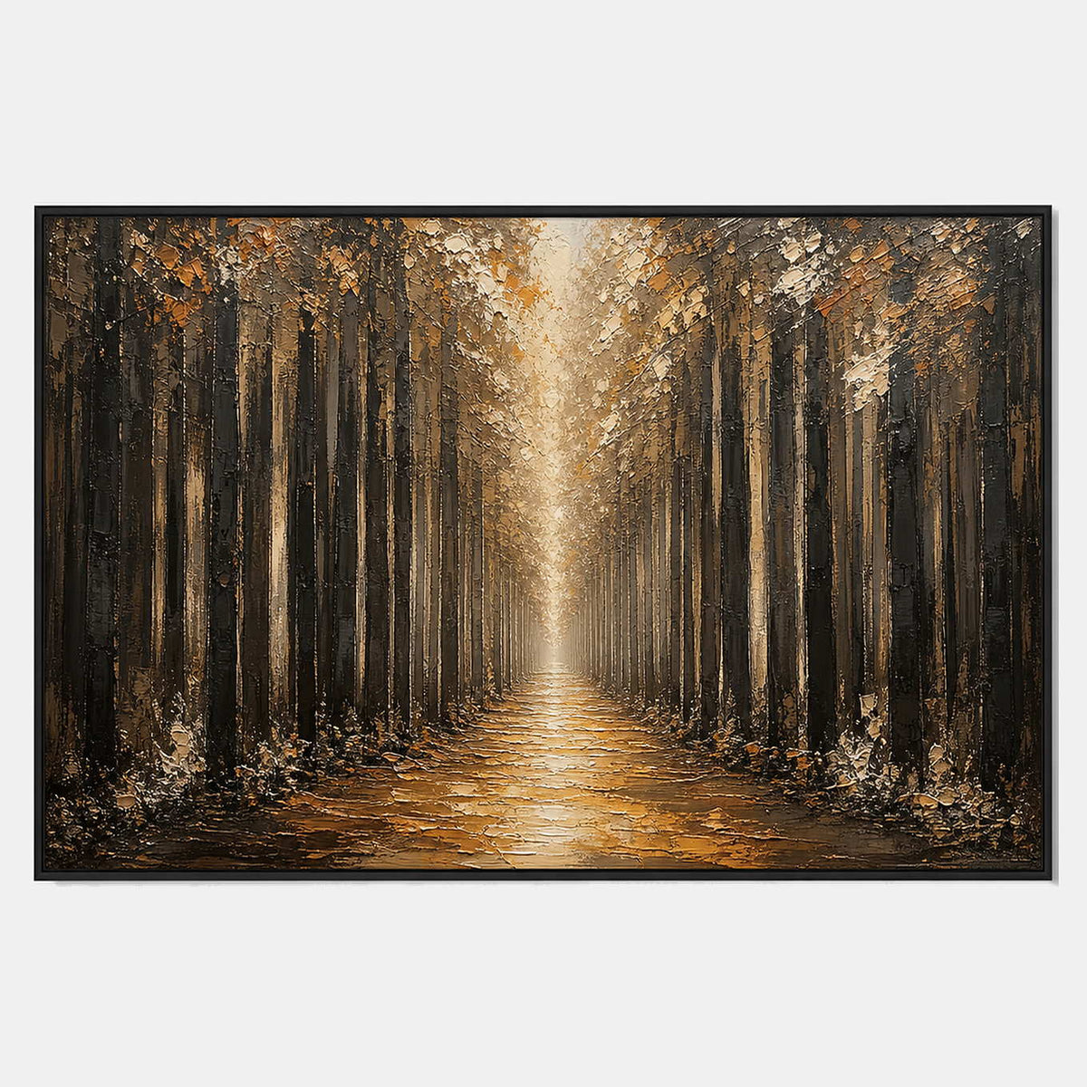 Hand-painted forest landscape wall art with earth tones, warm tones, and black tones.