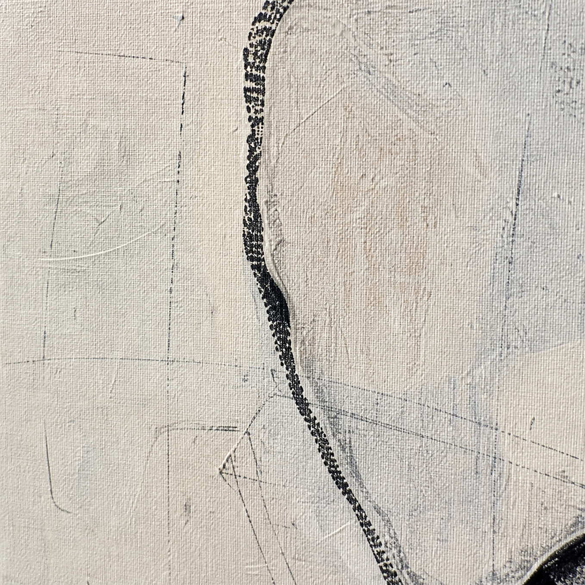 Close-up of charcoal linework and subtle warm white painted texture.