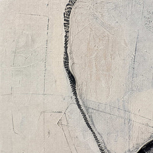 Close-up of charcoal linework and subtle warm white painted texture.