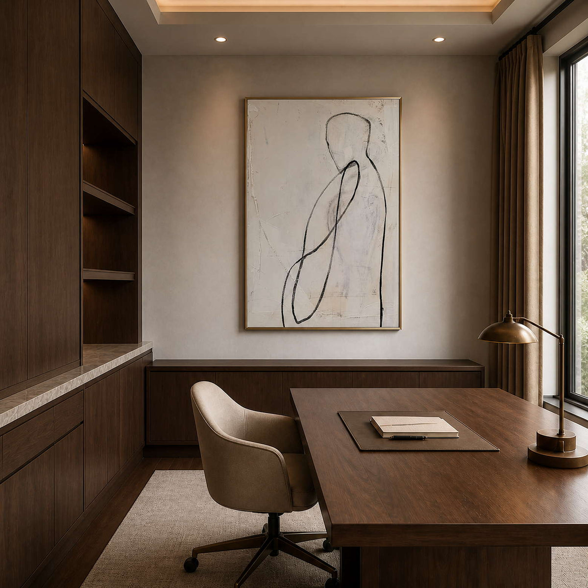 Abstract line figure painting displayed in a dark wood home office.