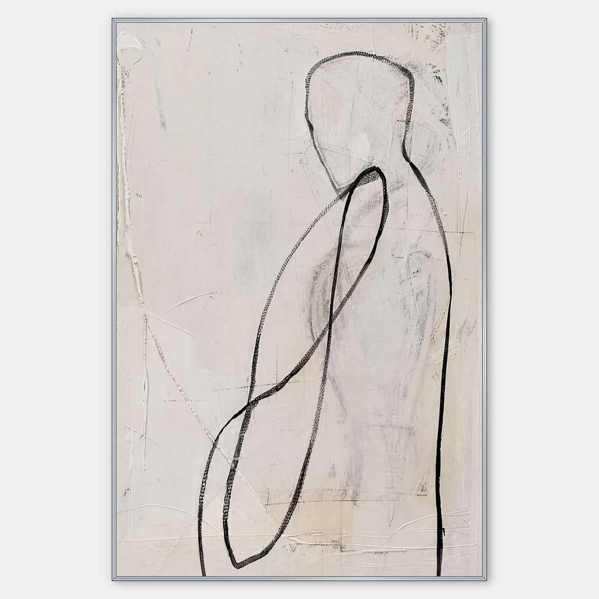 Hand-painted line figure canvas in warm white, gray, and charcoal.