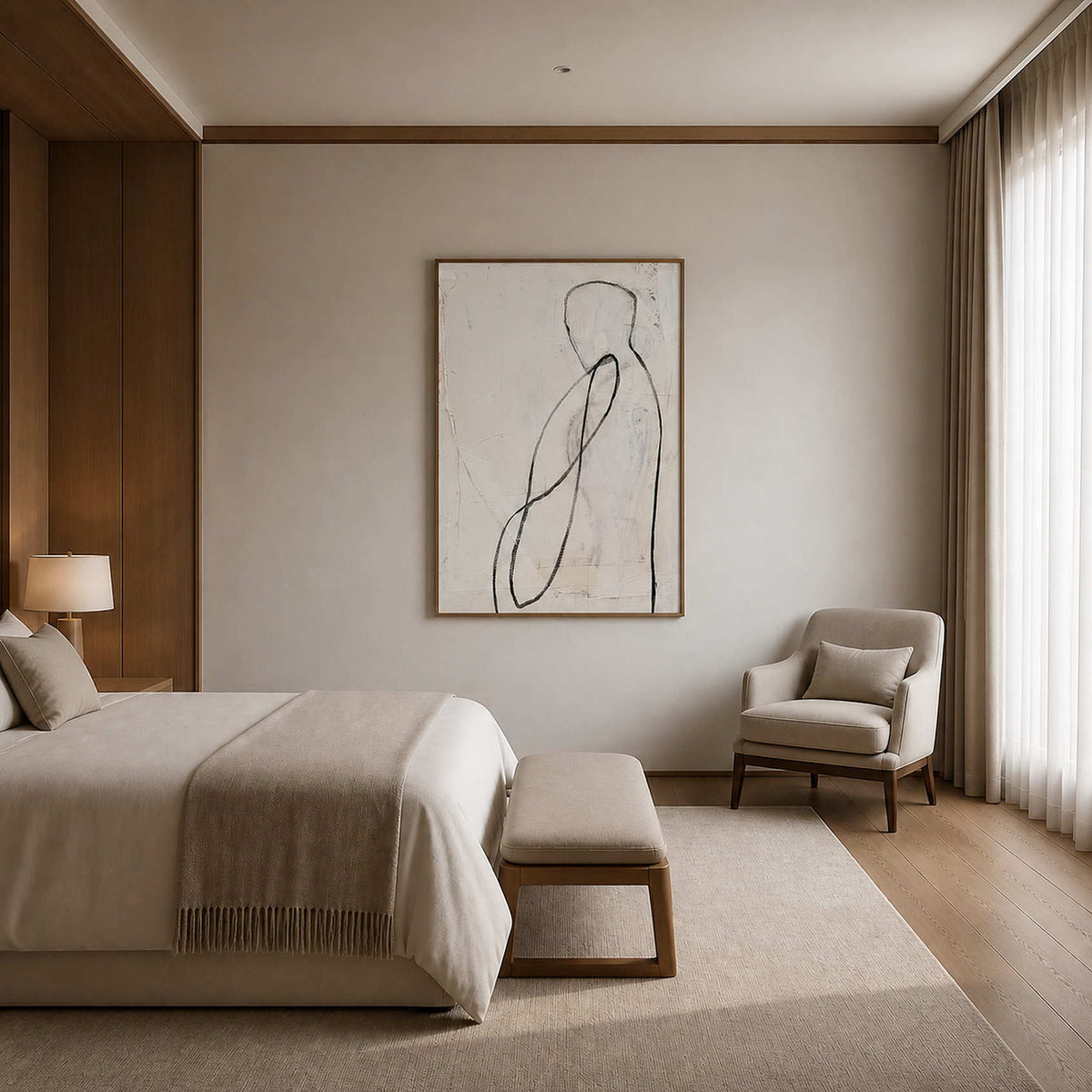 Quiet line art figure displayed in a warm wood modern bedroom.