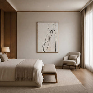 Quiet line art figure displayed in a warm wood modern bedroom.