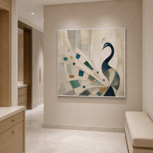 Quiet blue and ivory peacock canvas in a refined bathroom.