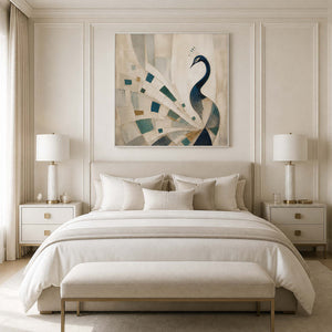 Calm blue and ivory peacock canvas above a serene bedroom.