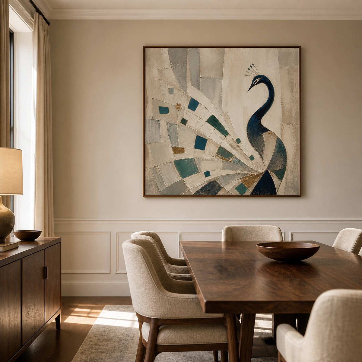 Textured geometric peacock artwork in a warm refined dining room.