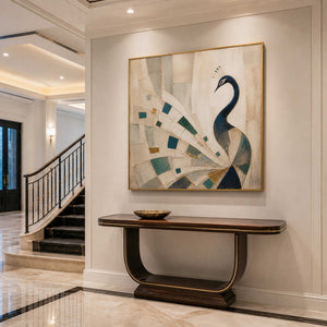 Elegant peacock wall art displayed in a high-end entryway.