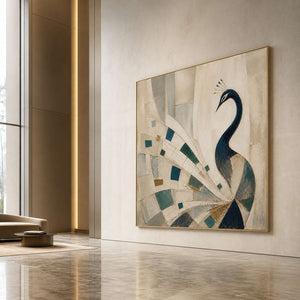 Large geometric peacock artwork in an airy hotel art lobby.