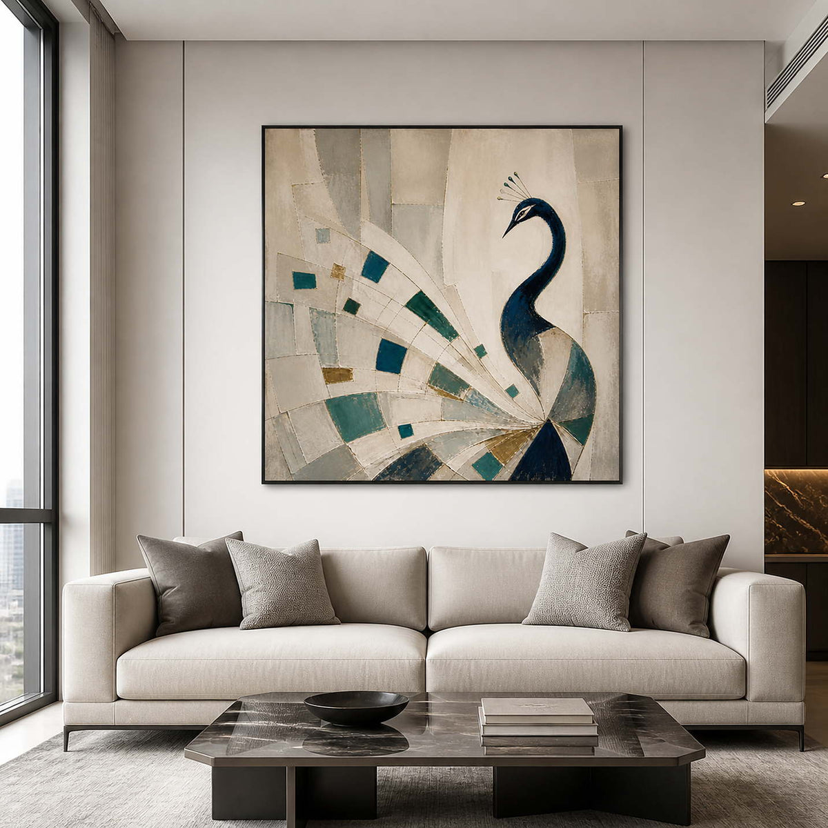 Blue geometric peacock wall art in a modern American living room.