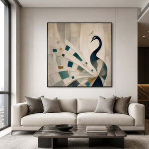 Blue geometric peacock wall art in a modern American living room.