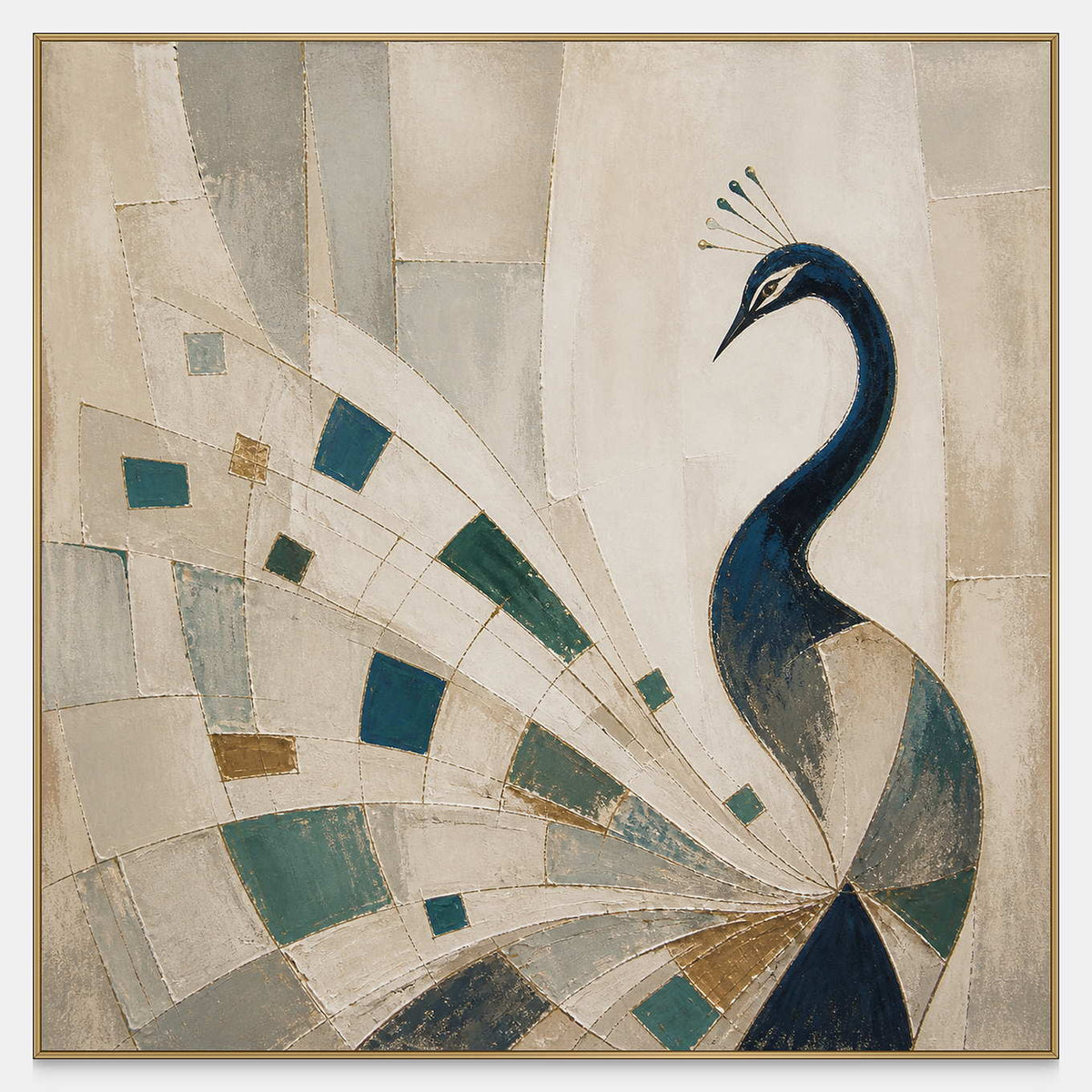 Square peacock canvas with sweeping blue, teal, ivory, gray, and gold geometry.