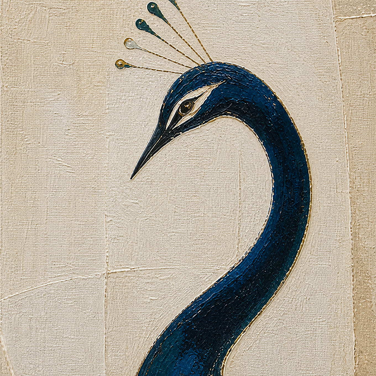 Close-up of deep blue peacock texture and delicate crown details.
