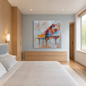 Colorful textured piano wall art displayed in a bright modern bedroom.