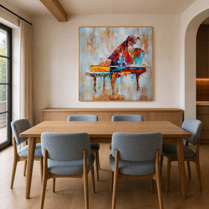 Colorful textured piano wall art displayed in a modern dining room.