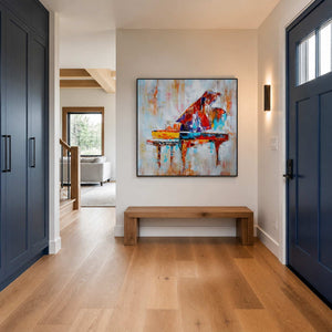 Colorful textured piano wall art displayed in a modern home entryway.