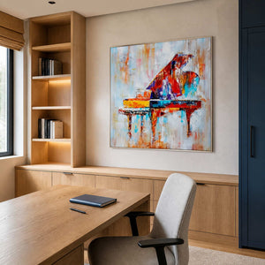 Colorful textured piano wall art displayed in a creative home office.