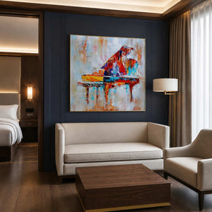 Colorful textured piano wall art displayed in a boutique hotel suite.
