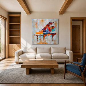 Colorful textured piano wall art displayed in a modern living room.