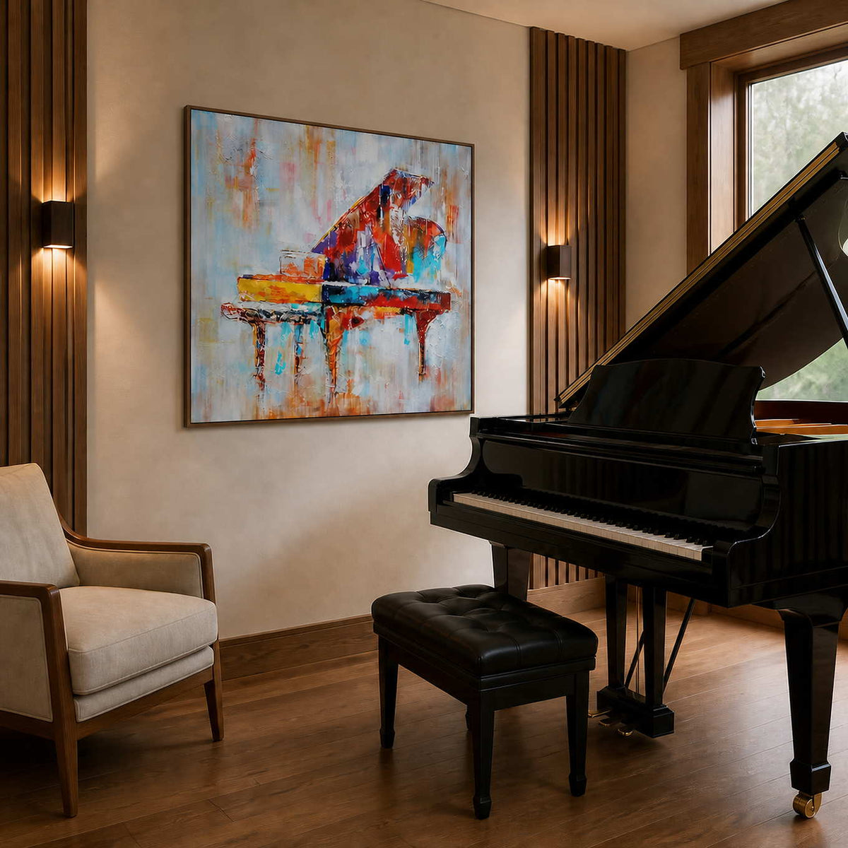 Colorful textured piano wall art displayed in a refined music room.