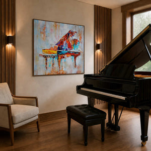 Colorful textured piano wall art displayed in a refined music room.