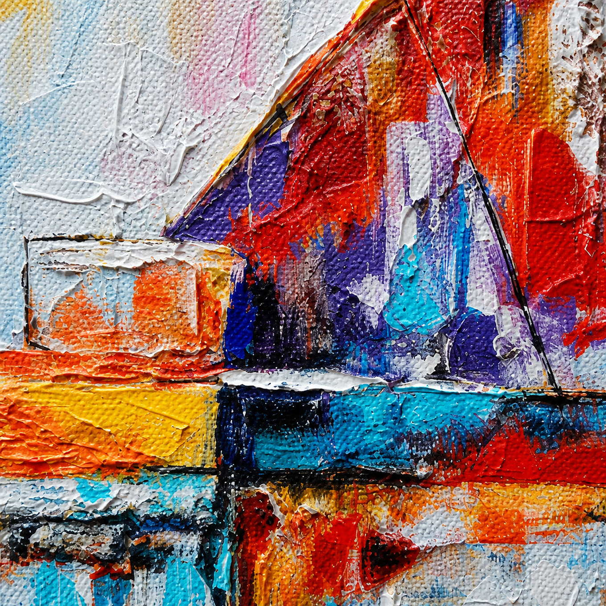 Close-up of raised red, turquoise, orange, and blue painted texture.