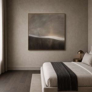 Neutral wabi-sabi wall art styled above a London hotel bedroom.