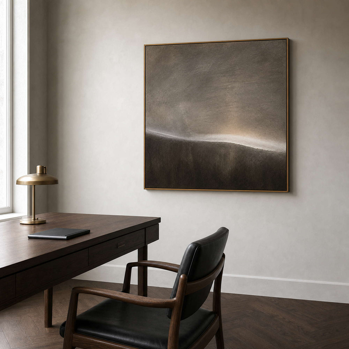 Square wabi-sabi canvas displayed in a Copenhagen executive study.
