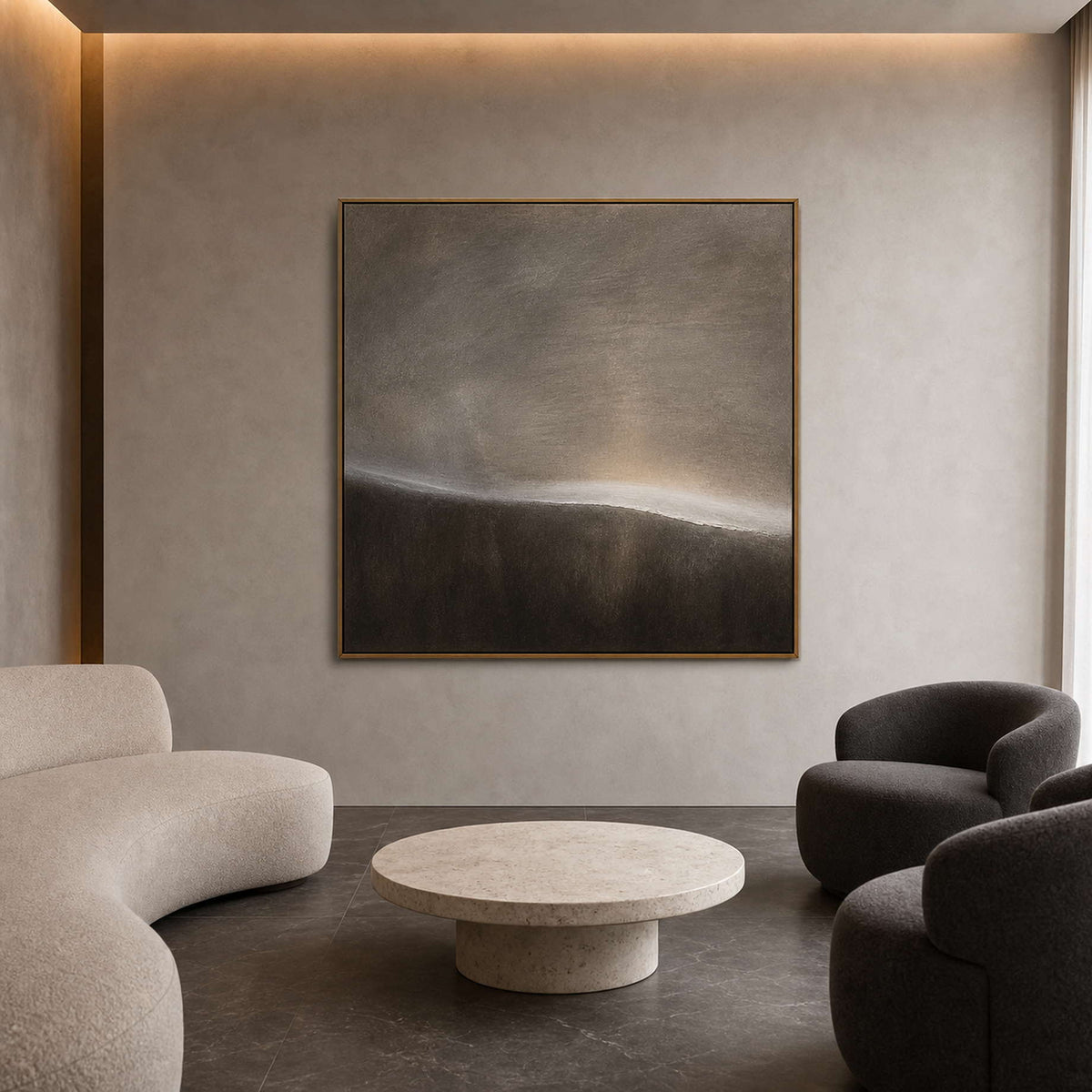 Textured neutral painting styled in a hot spring spa reception lounge.