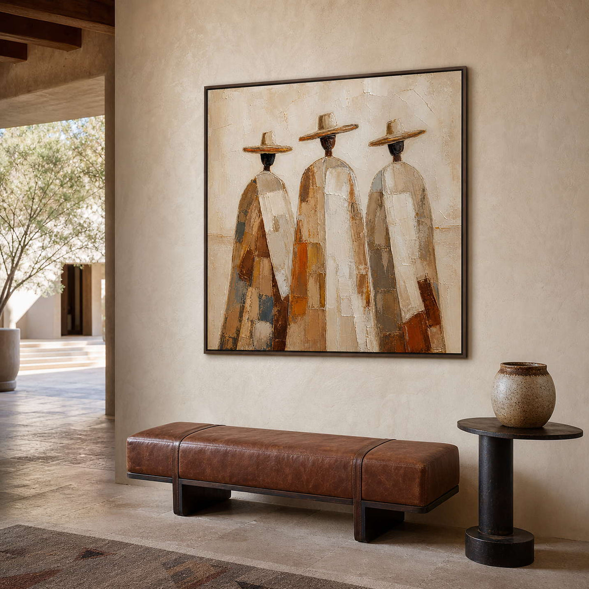 Earth-tone figurative wall art above a refined entryway bench.