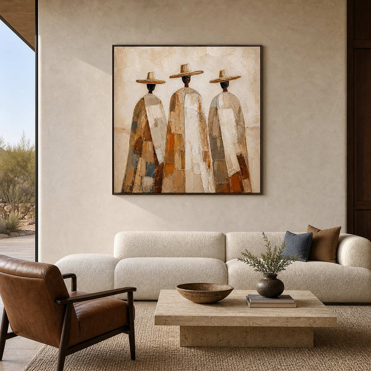 Textured figurative wall art above a warm desert-inspired living room.