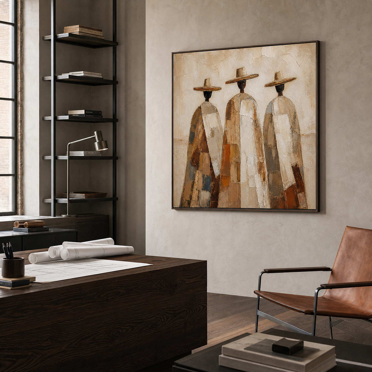 Warm neutral figurative canvas in a modern home office.
