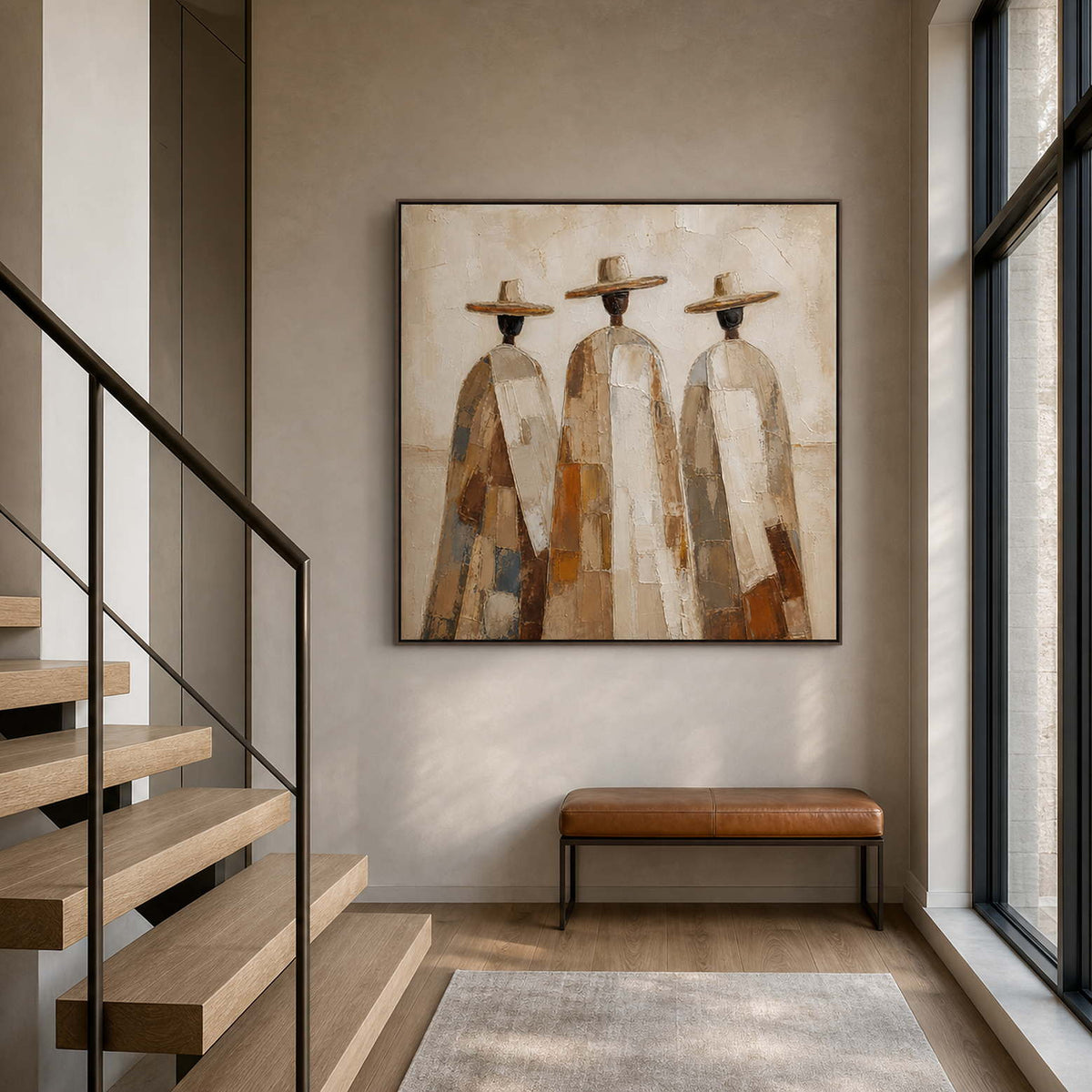 Earth-tone portrait canvas beside a modern wood stairway.