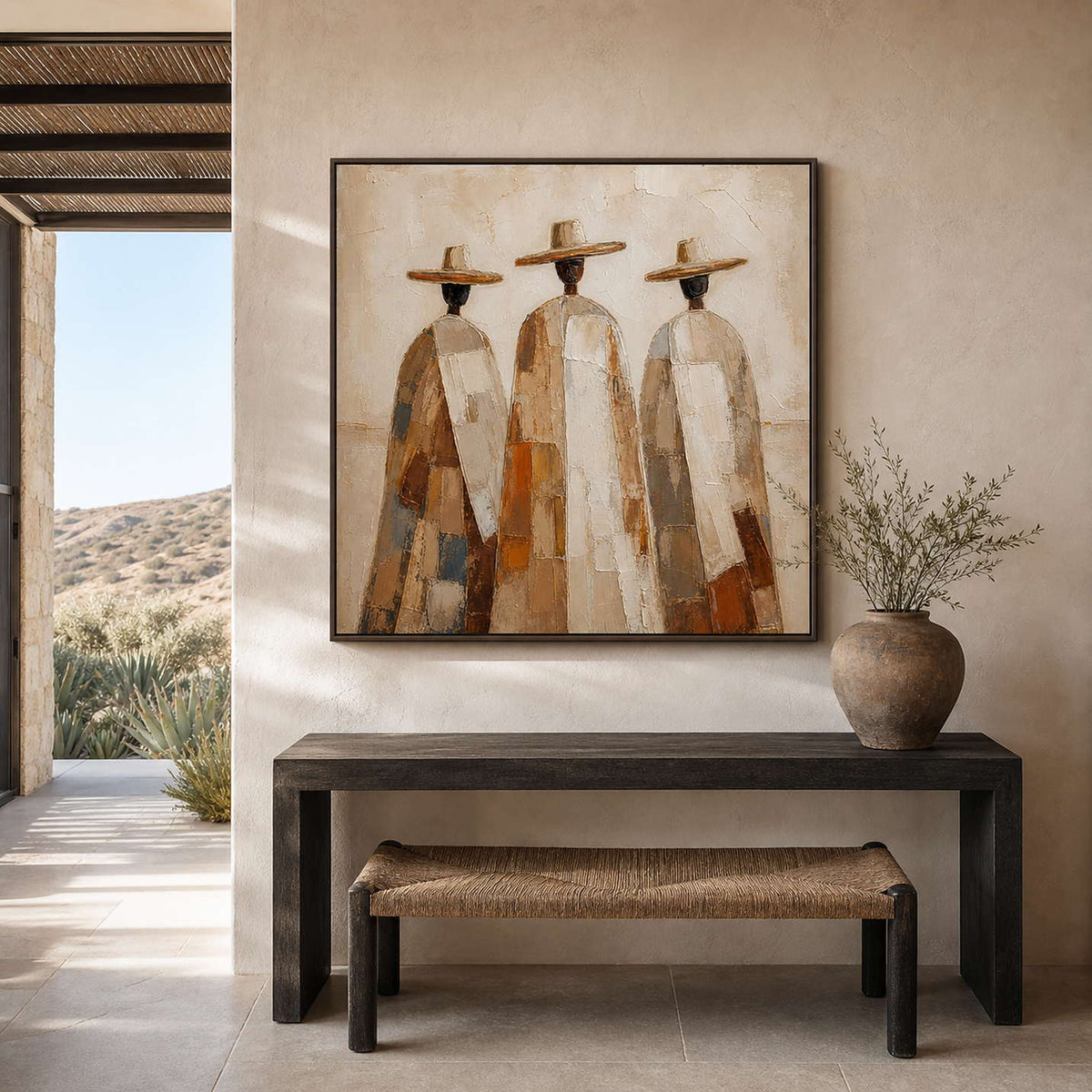 Textured figurative painting styled in a sunlit desert entryway.