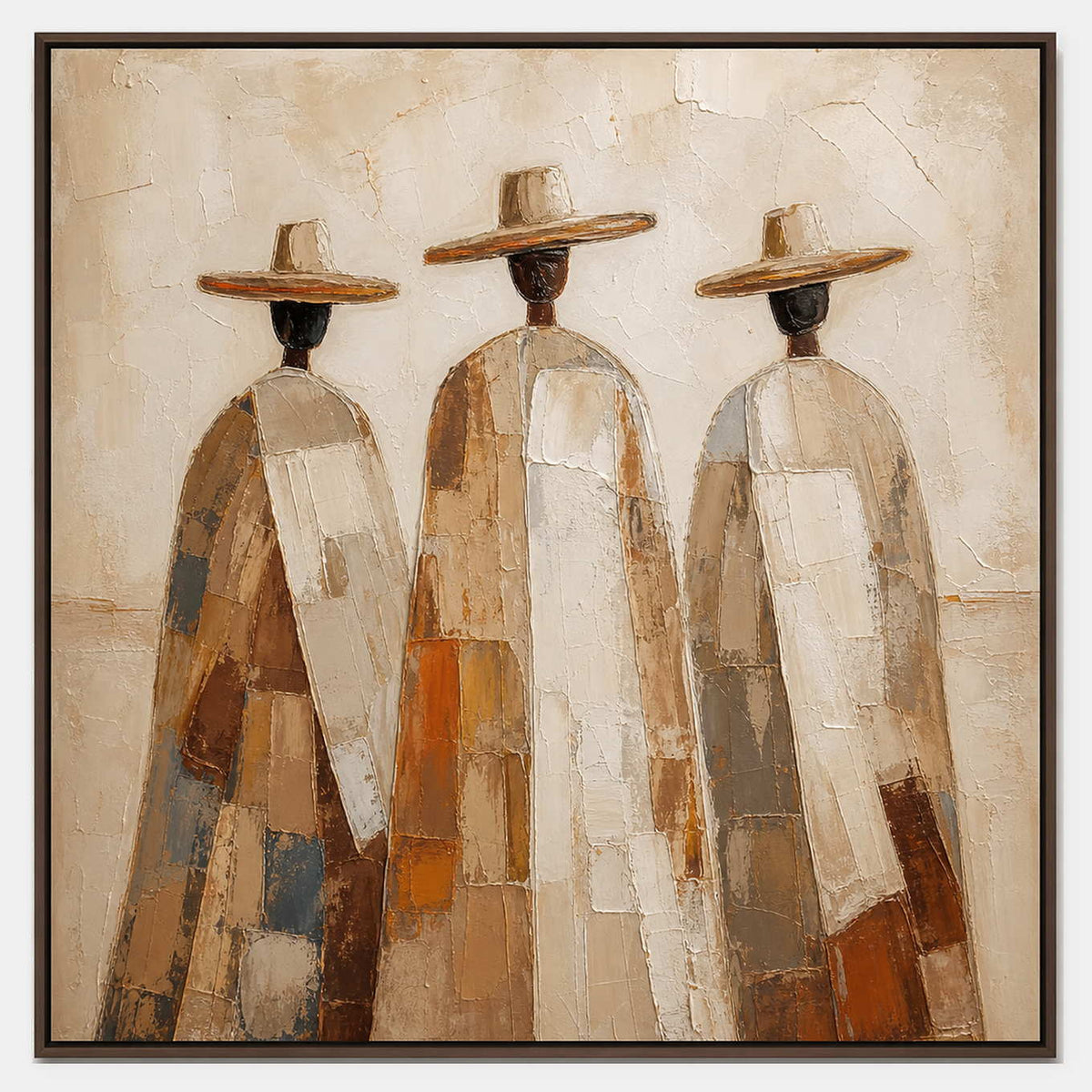 Hand-painted textured canvas of three figures in ivory and earth tones.