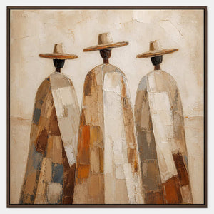 Hand-painted textured canvas of three figures in ivory and earth tones.