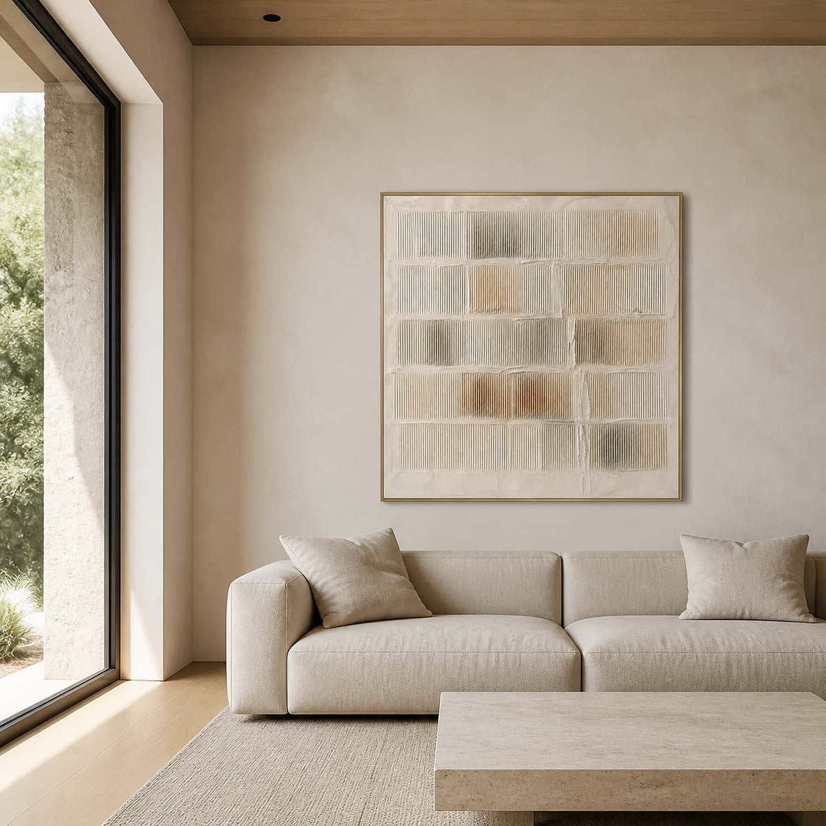 Textured neutral wall art displayed in a warm ivory stone living room.