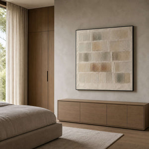 Minimalist textured painting displayed in a mist-gray light wood bedroom.