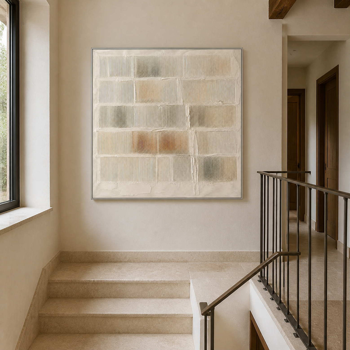 Textured neutral painting viewed in a pale stone stair hall.