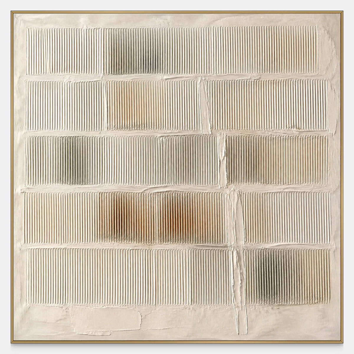 Hand-combed abstract grid in warm white, sand, mist gray, and earth tones.