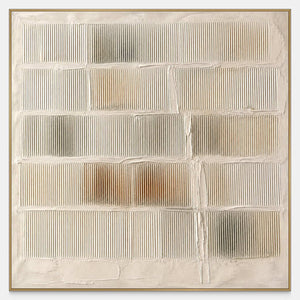 Hand-combed abstract grid in warm white, sand, mist gray, and earth tones.