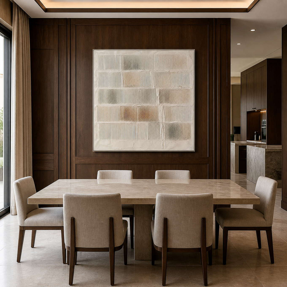Square neutral abstract artwork displayed in a deep walnut dining room.