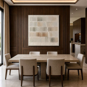 Square neutral abstract artwork displayed in a deep walnut dining room.