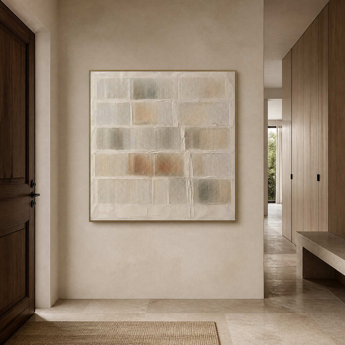 Square minimalist wall art displayed in a warm stone residential entryway.